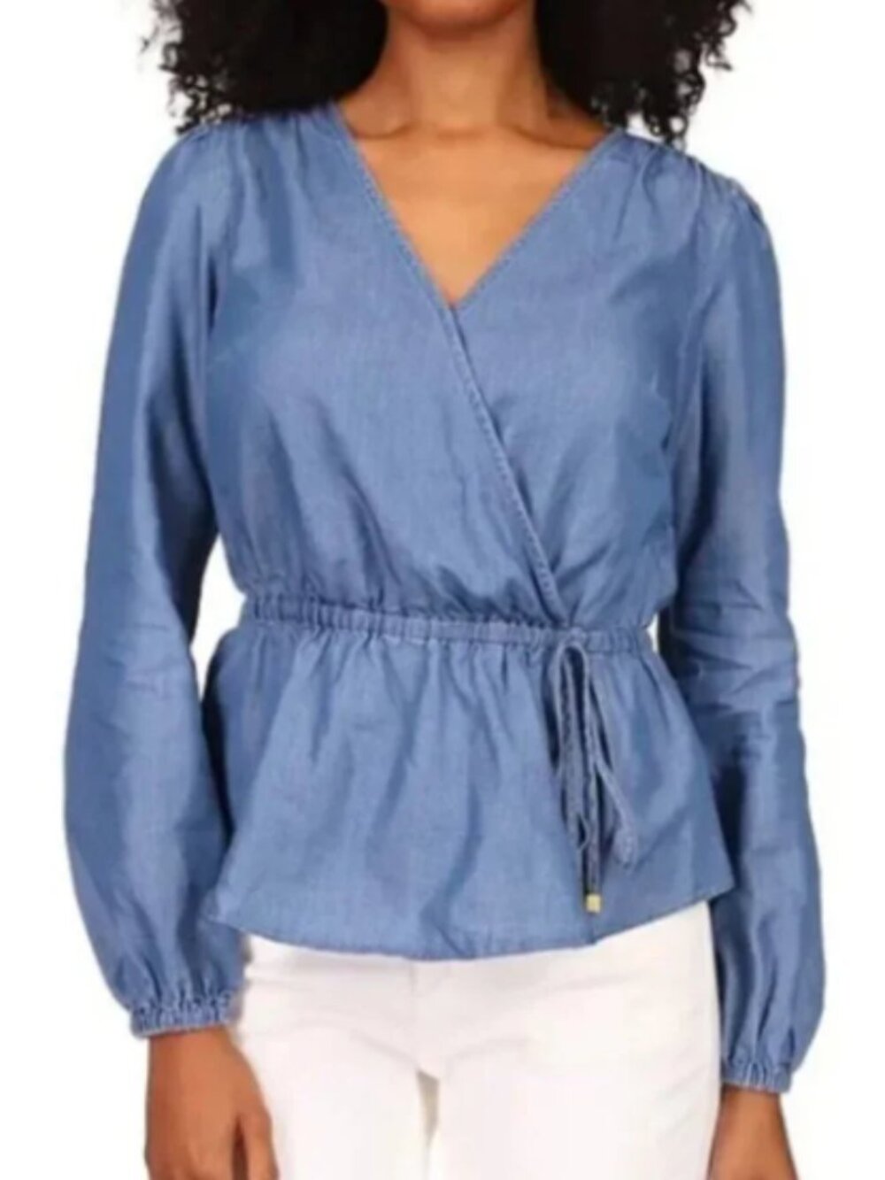 MICHAEL Michael Kors Denim Long Sleeve Faux Wrap Top, Size 1X, NwT
